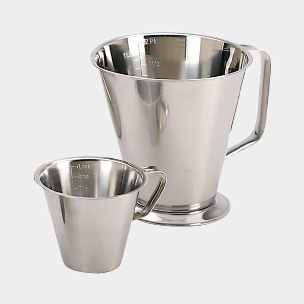 Stainless steel measuring jug with base, handle and spout